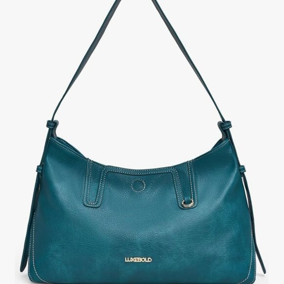 LuxeBold | Vegan Leather Slouchy Teal Shoulder Ajustable Strap Hobo Bag - NWOT - Picture 9 of 15